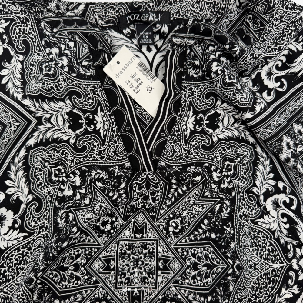 NWT Roz & Ali 3X Black White Boho Paisley Tunic Blouse Plus Size Flowy‎ - Picture 3 of 11